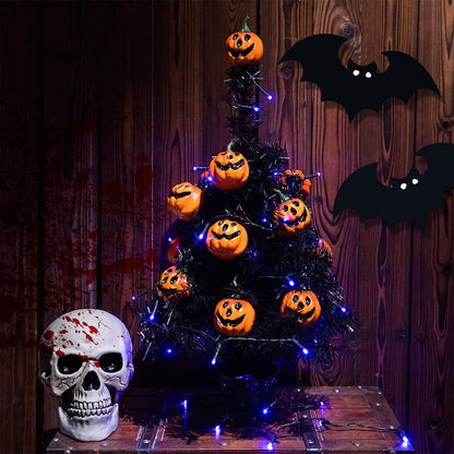Sunnyglade 21.6” 30 LED Halloween Black Spooky Tree Glittered with Purple Lights & 12 Pumpkin Decorations,Battery Powered for Halloween Indoor Tabletop Decoration