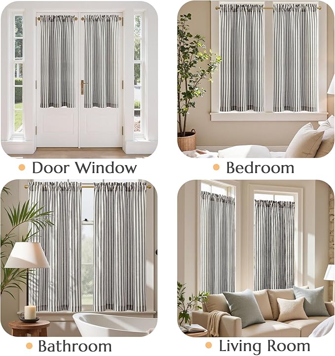 jinchan Striped Linen Kitchen Curtains 45 Inches Tier Curtains Farmhouse Modern Cafe Style Small Window Treatments Airy Light Filtering Rod Pocket for Living Room Bathroom 2 Panels Charcoal Grey