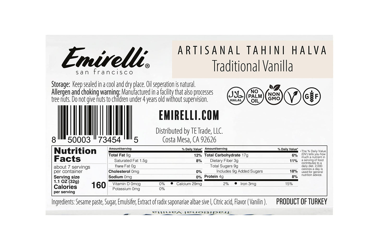 Emirelli Artisanal Halva Dessert – Authentic Middle Eastern Candy Turkish Sweets – Vegan Candy 55%-Tahini Halwa - Halvah Traditional International Sweets – Tasty Traditional Vanilla Flavor, Pack of 1