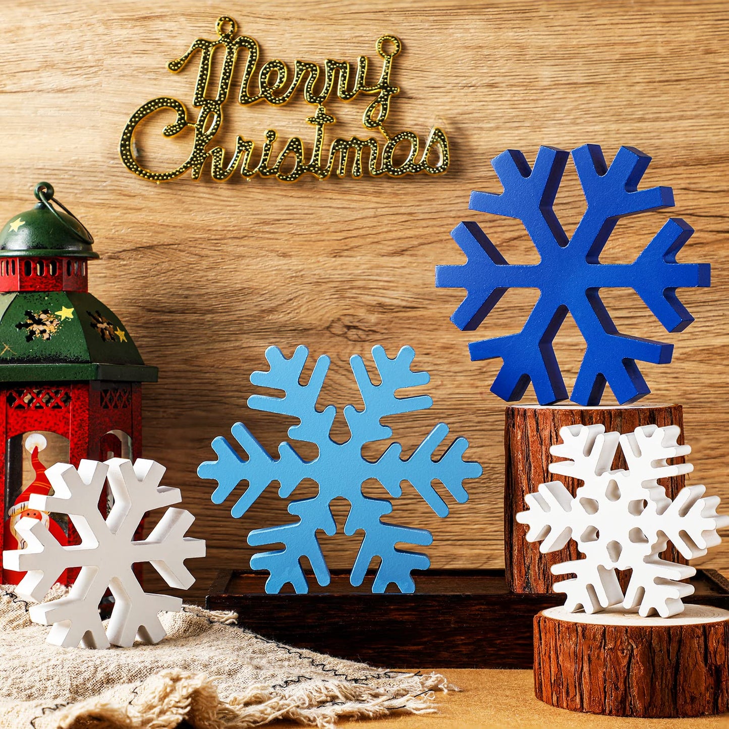 Blulu 4 Pcs Winter Wooden Snowflakes Decor Tabletop Decorations Christmas Snowflake Signs Winter Wooden Xmas Standing Table Sign Christmas Fireplace Decoration for Party Birthday(White and Blue)