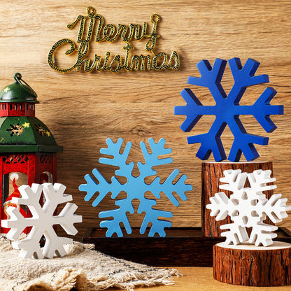 Blulu 4 Pcs Winter Wooden Snowflakes Decor Tabletop Decorations Christmas Snowflake Signs Winter Wooden Xmas Standing Table Sign Christmas Fireplace Decoration for Party Birthday(White and Blue)