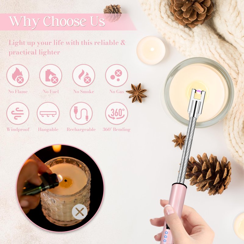 Electric Lighter, Candle Lighter Flameless Windproof with 360° Flexible Neck & LED Power Display, Type C Arc Rechargeable Lighters for BBQ, Camping, Cooking, Gift for Christmas, Thanksgiving, Birthday