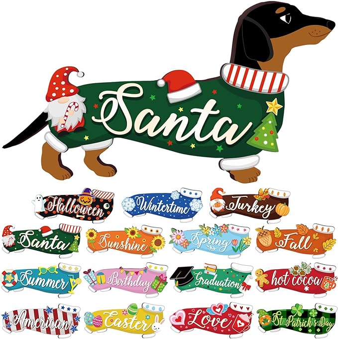 Barydat 16 Pcs Seasonal Dachshund Dog Welcome Sign Lovely Interchangeable Front Door Decoration, Wooden Rustic Holiday Door Wall Decor for Independence Day Summer Fourth of July Decoration(Dog)