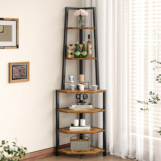 VECELO 6 Tier Corner Shelf 69 Inch Industrial Bookshelf with Metal Frame, Multipurpose Tall Plant Stand with Opening Display Shelves for Living Room, Bedroom, Home Office, Small Space, Brown