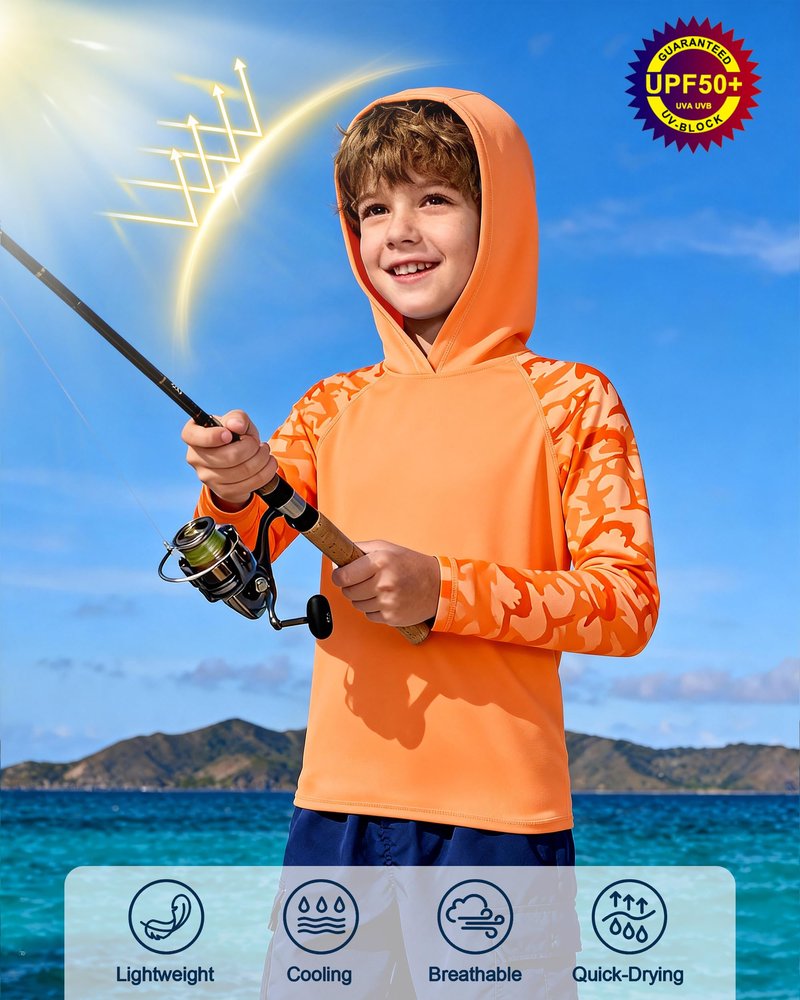 DRONIRING Boys Rash Guard Swim Hoodie, UPF 50+ UV Sun Protection Long Sleeve Fishing Shirt, Kids Youth SPF Water Shirts Orange