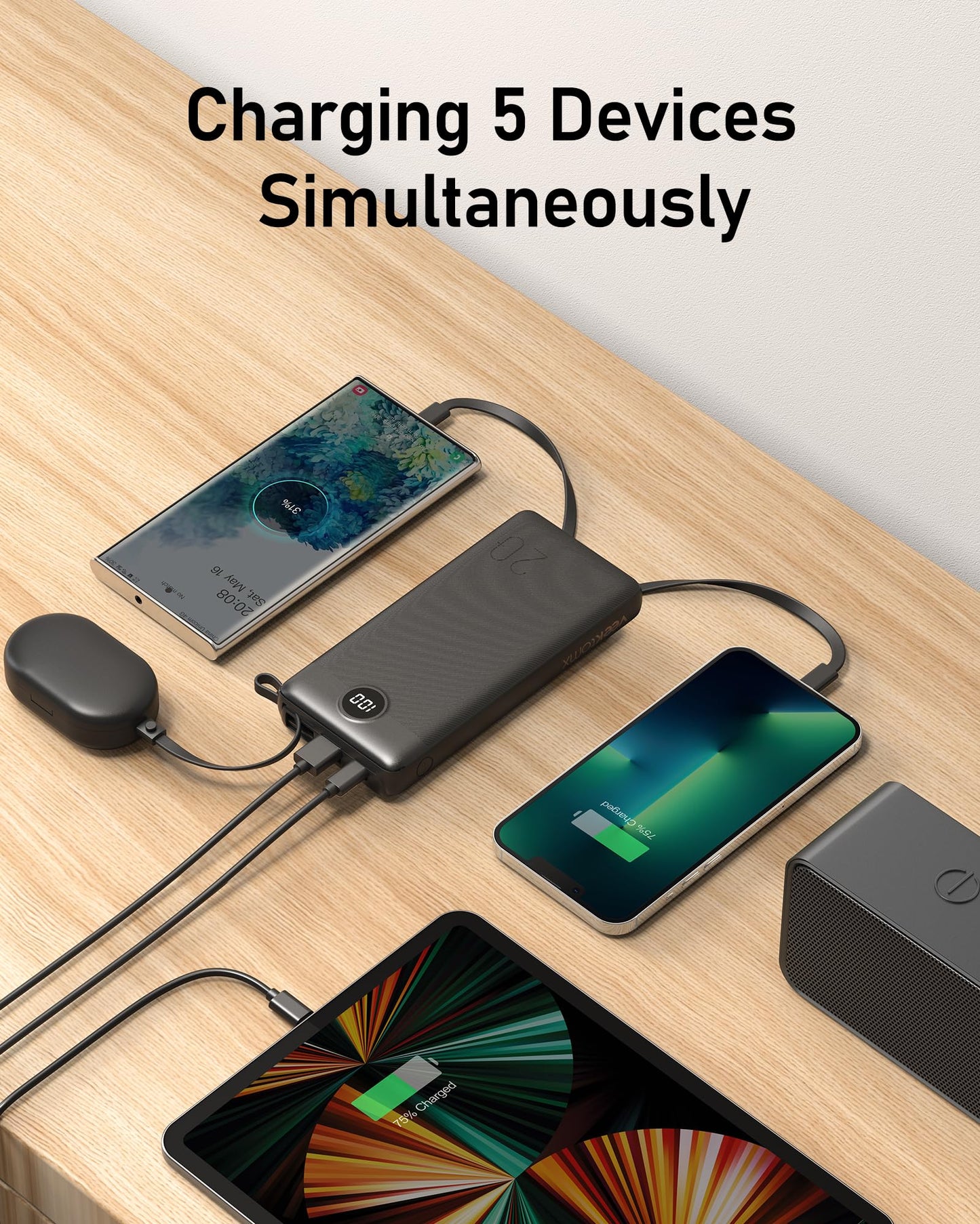 VEEKTOMX Portable Charger Built-in Cables,10000mAh Power Bank for iPhone,Fast Charge USB C Battery Pack Travel Essentials Powerbank Compatible with iPhone 17/16/15/14, Samsung S25/24, Android, etc