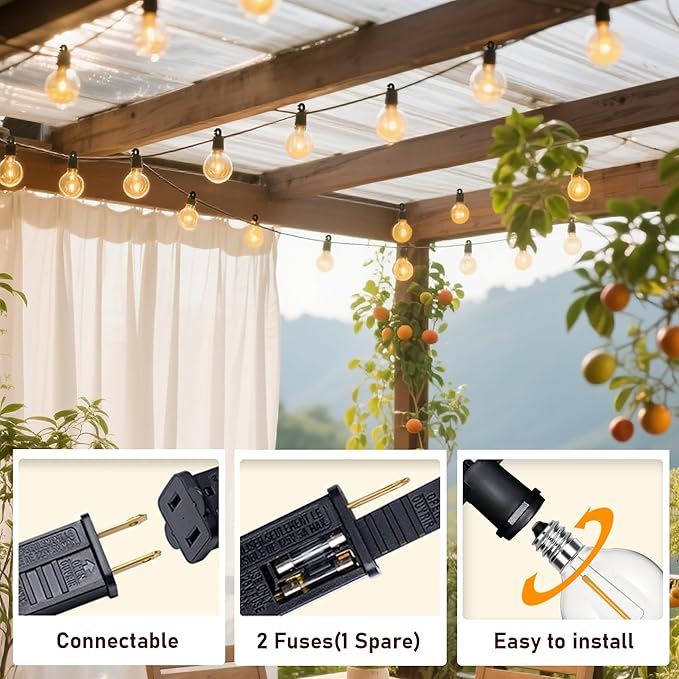 25Ft LED G40 Globe Outdoor String Lights Waterproof Patio Lights with 13 Shatterproof Warm White Bulbs, Hanging Light for Backyard Balcony Wedding Christmas Party Decorations, Black Wire