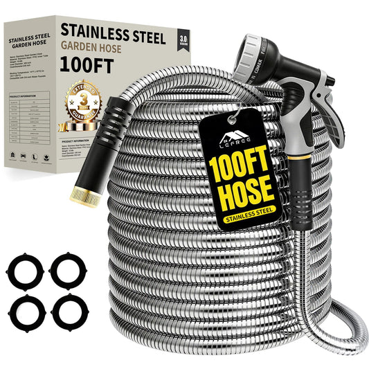 Lefree 100ft Metal Garden Hose - Heavy Duty 304 Stainless Steel Flexible Water Hose, No Kinks & Leak-Proof with Upgraded Handle, 10-Function Spray Nozzle & 4 Spare Gaskets for Yard, RV, Pet Bath