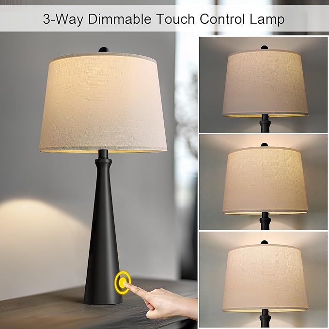 Oneach 25.75" Table Lamps Set of 2 for Living Room Bedroom, Bedside Lamp 3-Way Dimmable Touch Control, Modern Black Nightstand Light Fabric Shade Vintage Accent Style