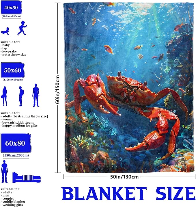 Red Crab and Coral Reef Throw Blanket for Boys Girls Kids Adults Women, Fuzzy Warm Soft Cozy Flannel Blankets Gifts for Bedroom, Couch, Travel, Home Decor 50x60 in