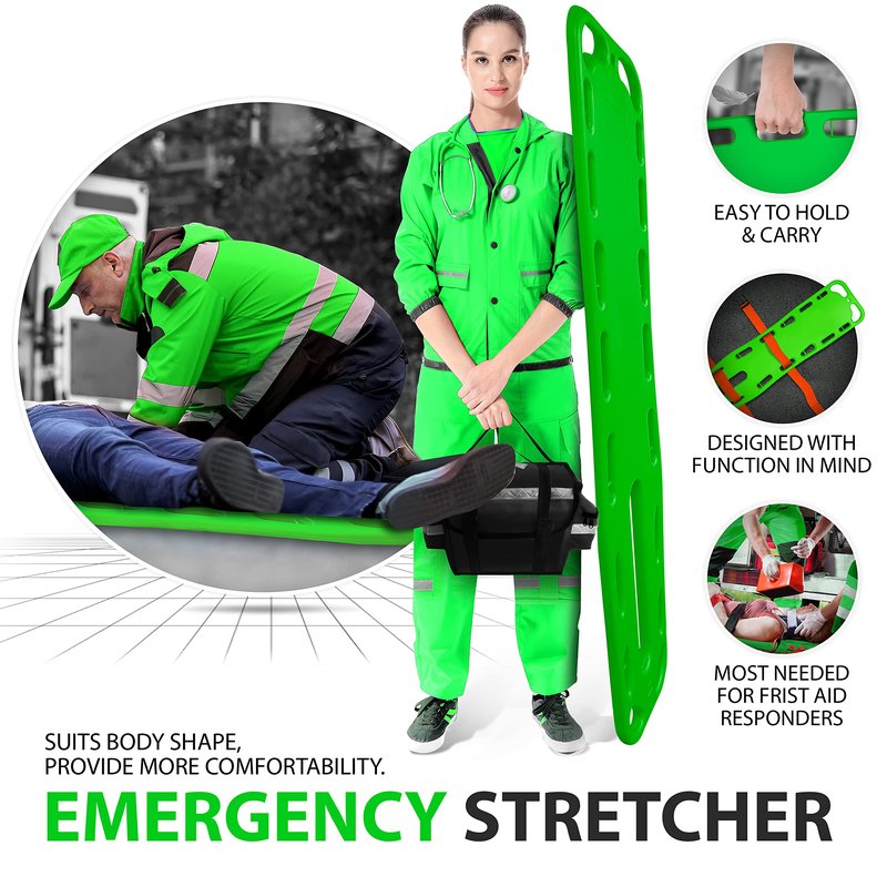 SURGICAL ONLINE First Responder EMT Backboard Spine Board Rescue Stretcher Immobilization with Head Bed and Spider Straps - Gift EMT Trauma Bag (Green)