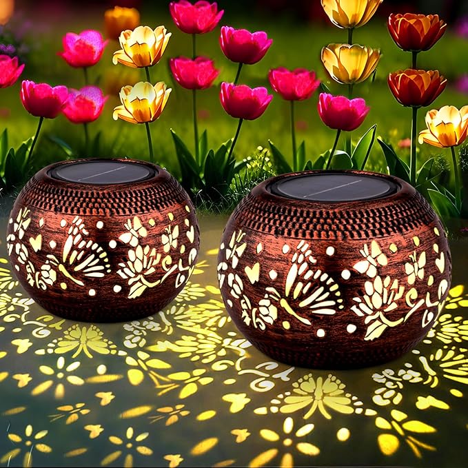Butterfly Solar Lantern Outdoor Patio Decor, 2 Pack Retro Metal Waterproof Garden Decor Solar Table Light, Birthday Gifts for Women Mom Grandma ,Yard Porch Garden Balcony Decorations