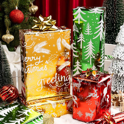 Merture 3 Rolls Christmas Wrapping Paper Set - 17 inch x 120 inch per Roll - Red, Green, Gold Metallic Gift Wrap With Reindeer, Christmas Tree, Snowflake, Dahlia Design