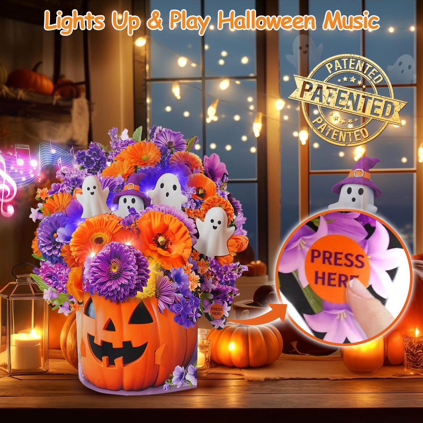 MZD8391 Halloween Cards with Music & Lights, Pop Up Halloween Decorations, Ghost & Dasiy, 10 Inch Life Sized Forever Flower Bouquet Gifts for Wife Mom Grandma Women Daughter