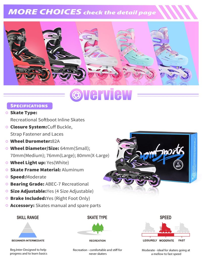 2PM SPORTS Vinal Inline Skates for Girls Boys Kids Ages 5-8 8-12 with Adjustable Illuminating Wheels, Inline Roller Skates for Youth Women Men - Purple Pink Small