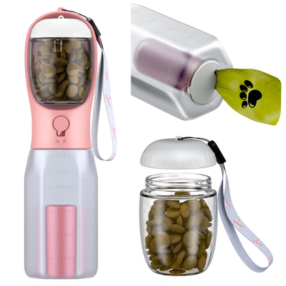 Innoshopp Dog Water Bottle - Portable Pet Water Bottle with Food Container & Poop Bag Dispenser - Lightweight, Leak Proof & BPA Free Dogs Drinking Bottle for Walking, Hiking & Travel (Pink)