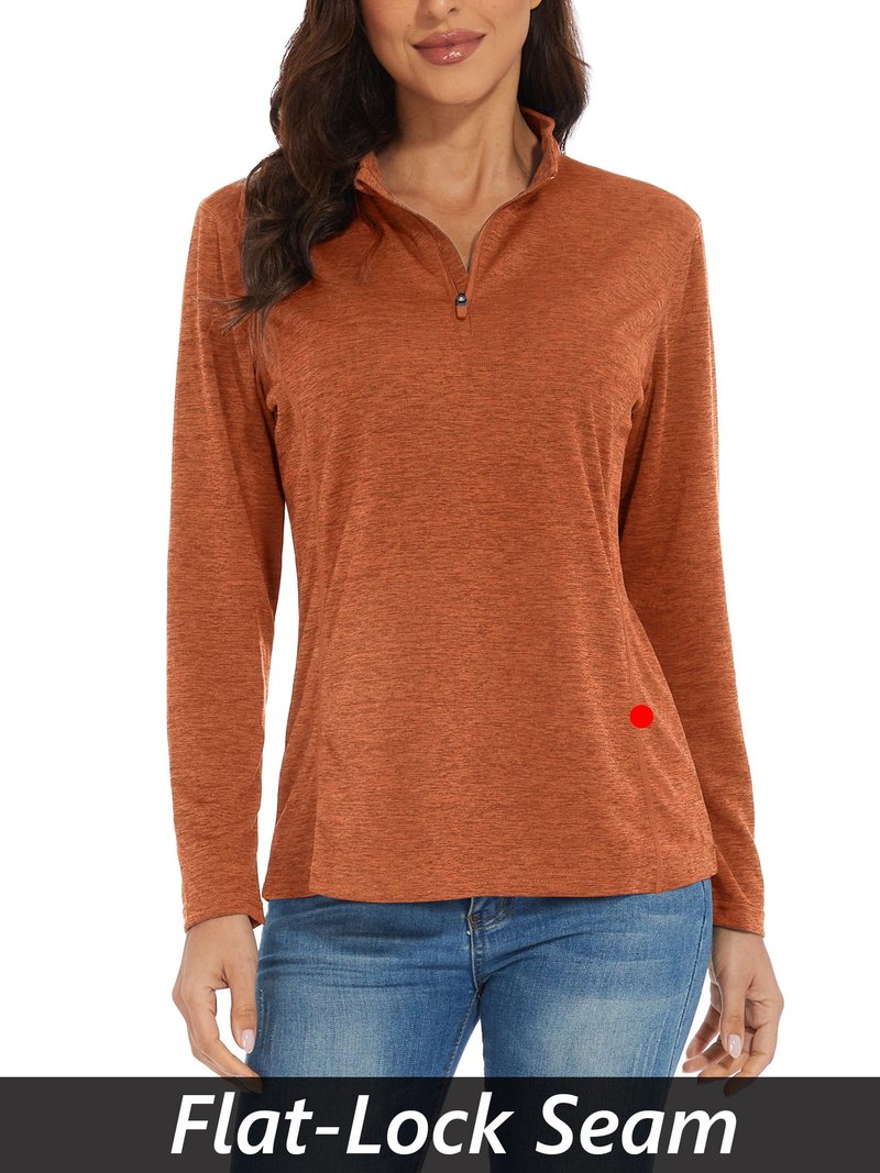 MAGCOMSEN Hiking Shirts Women 1/4 Zip Long Sleeve Shirts Dry Fit Tops Women Athletic Running Sun Shirts Dark Orange M