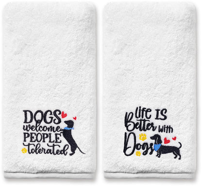 Dog Hand Towels for Bathroom Set of 2, Lover Gifts for Women Bathroom Decor Embroidered, Owners Mom Gifts Decorative New Home Tea Towels, 100% Cotton Soft for Kitchen 14x30 Inches