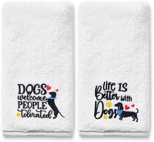Dog Hand Towels for Bathroom Set of 2, Lover Gifts for Women Bathroom Decor Embroidered, Owners Mom Gifts Decorative New Home Tea Towels, 100% Cotton Soft for Kitchen 14x30 Inches