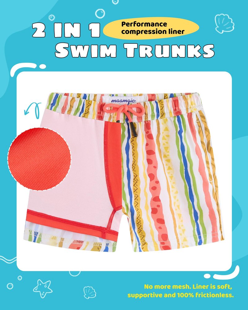 maamgic Boys Swim Trunks with Compression Liner Toddler Stretch Swim Shorts Quick Dry Swimming Trunks Boxer Brief 2 in 1 Beach Shorts Playful Stripes 8