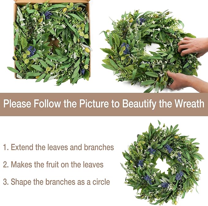 Wreaths for Front Door 22", Door Spring Wreath with Eucalyptus Olive Boxwood Leaves, Greenery Wreath Door Decoration for Spring Summer All Season Home and Outdoor