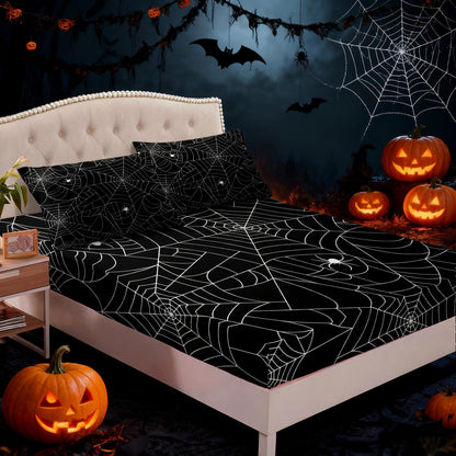 Boys Spider Web Printed Bedding Set for Kids Children Halloween Themed Bed Sheet Set Decorative Scary Spider Pattern Fitted Sheet Black White Animal Theme Bed Cover Full Size 3Pcs