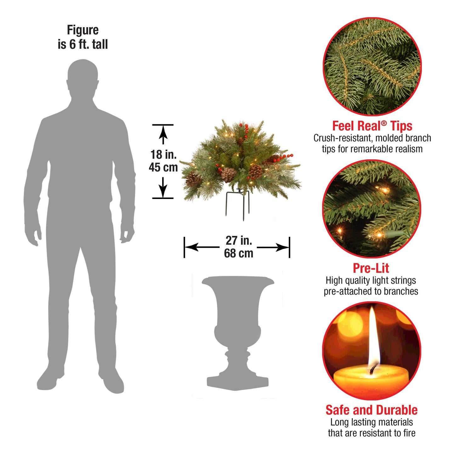 National Tree Company 18 in Pre-Lit Colonial Fir Artificial Christmas Urn Filler, Christmas Decoration with Pinecones, Red Berries, 35 Clear LED Lights, 167 Tips, Timer, Tripod Stake, Green