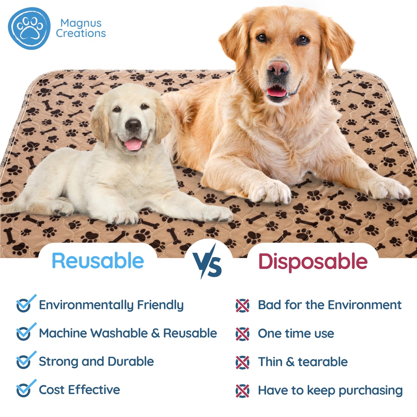 MAGNUS CREATIONS: Reusable Puppy Training Pads, (3-Pack) Washable Dog Pads, Very Absorbent Pet Mat Pee Pads for Dogs, Quick Drying Pads for Travel, Car, Home, Medium and Large Dogs (76 x 91 cm)
