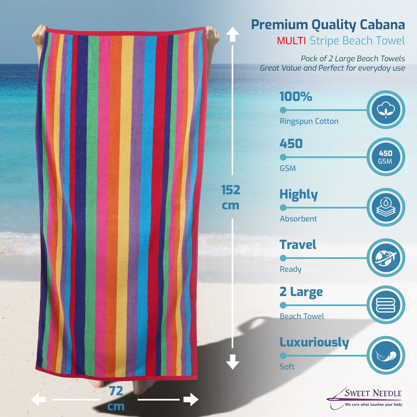 SweetNeedle Beach Towels for Adults Pack of 2 - Miami Vibe Multi Cabana Stripe Classic - 100% Cotton Terry Ringspun Pool Towel, Quick Dry, Super Absorbent Swimming large towel, 76 x 152 cm