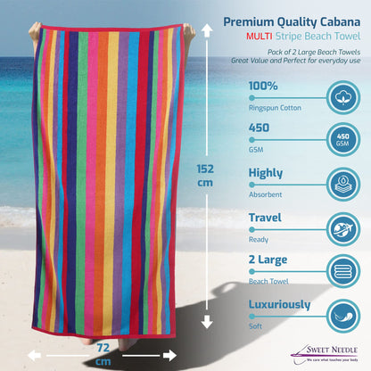 SweetNeedle Beach Towels for Adults Pack of 2 - Miami Vibe Multi Cabana Stripe Classic - 100% Cotton Terry Ringspun Pool Towel, Quick Dry, Super Absorbent Swimming large towel, 76 x 152 cm