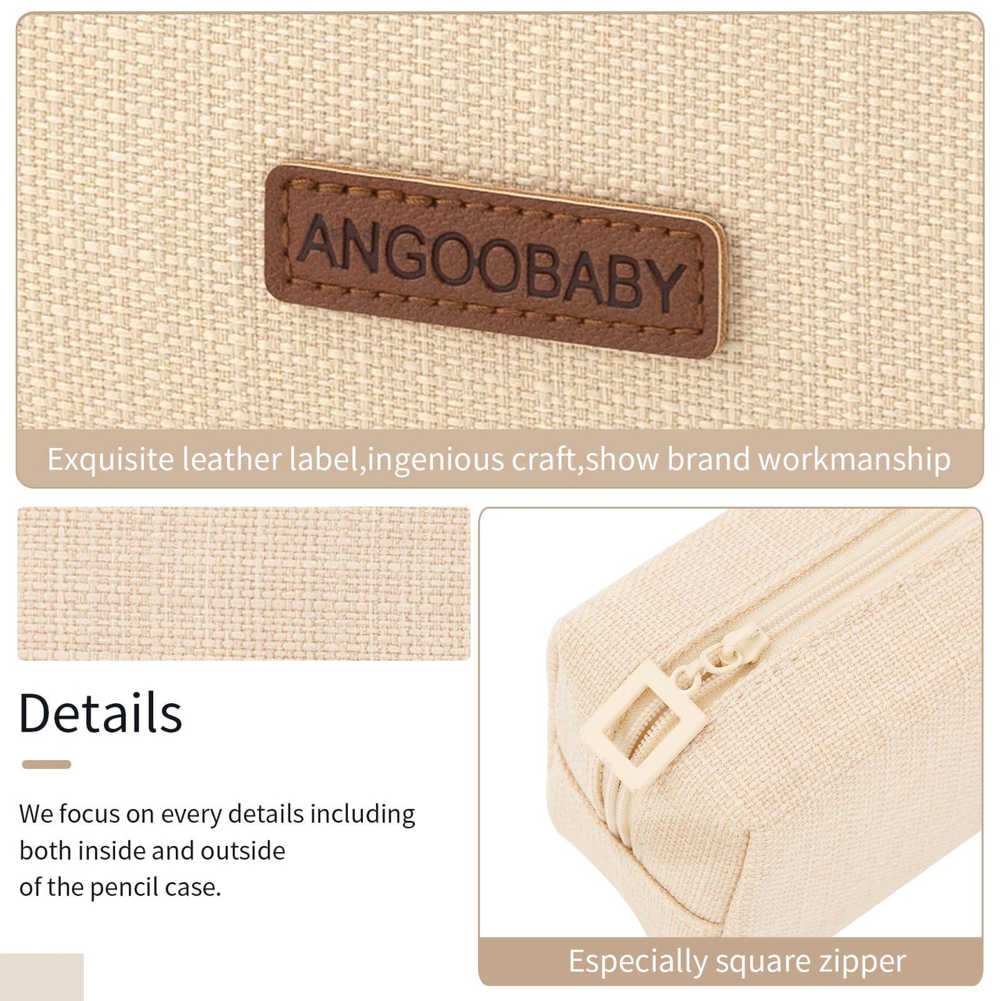 ANGOOBABY Small Pencil Case Student Pencil Pouch Coin Pouch Cosmetic Bag Office Stationery Organizer For Teen School-Beige