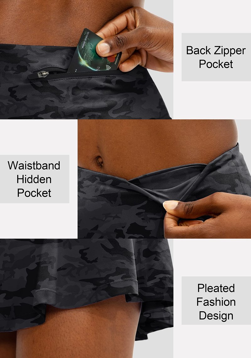 SANTINY Pleated Tennis Skirt for Women with 4 Pockets Women's High Waisted Athletic Golf Skorts Skirts for Running Casual (Grey Camo_L)