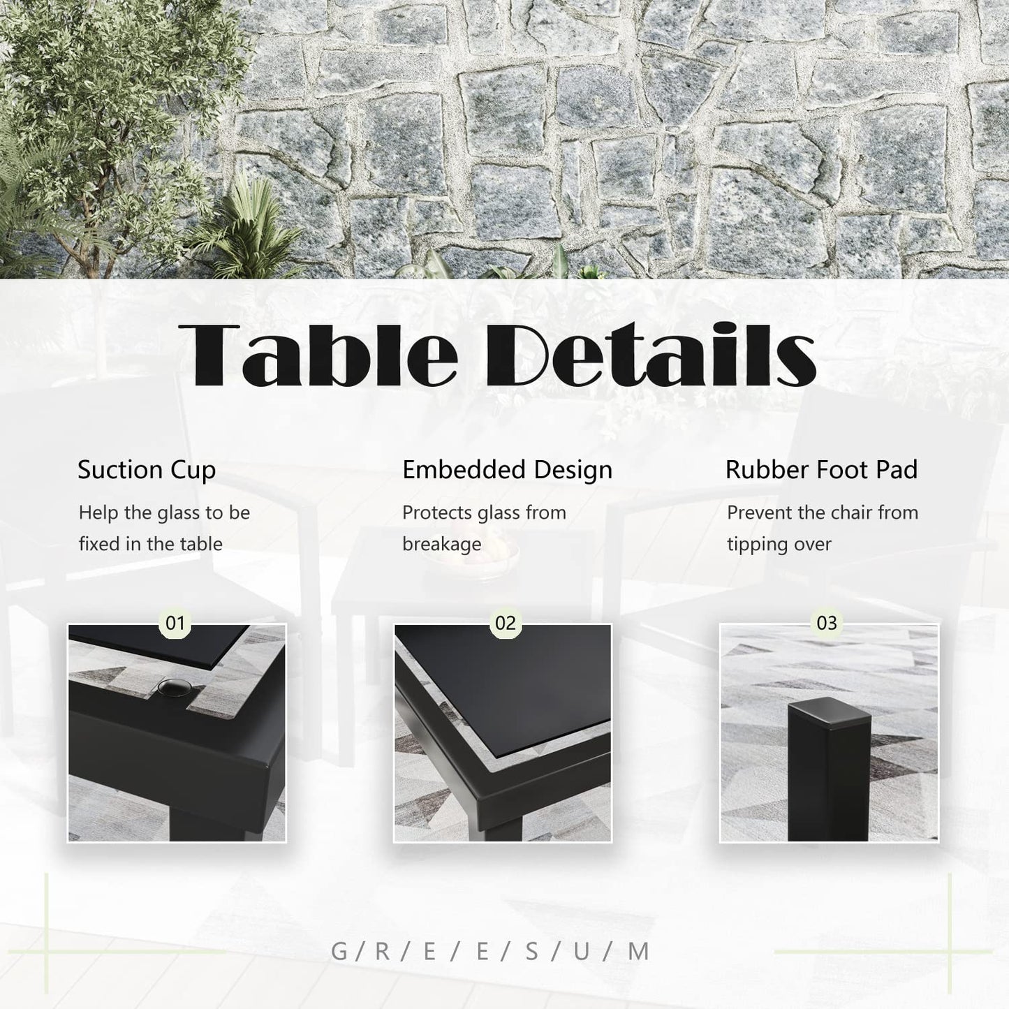 Greesum 3 Pieces Patio Furniture Set Outdoor Conversation Textilene Fabric Chairs for Lawn, Garden, Balcony, Poolside with A Glass Coffee Table, Black