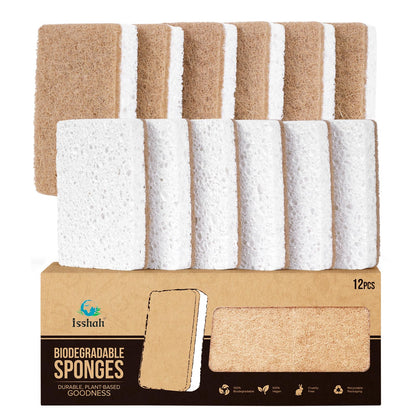 Isshah Plant-Based Kitchen Sponges - FSC Certified and PETA Approved, Natural, Eco-Friendly, Biodegradable Sisal Hemp Sponges for Dishes, Cleaning Sponge for Kitchen, Bathroom, Household - 12 Count
