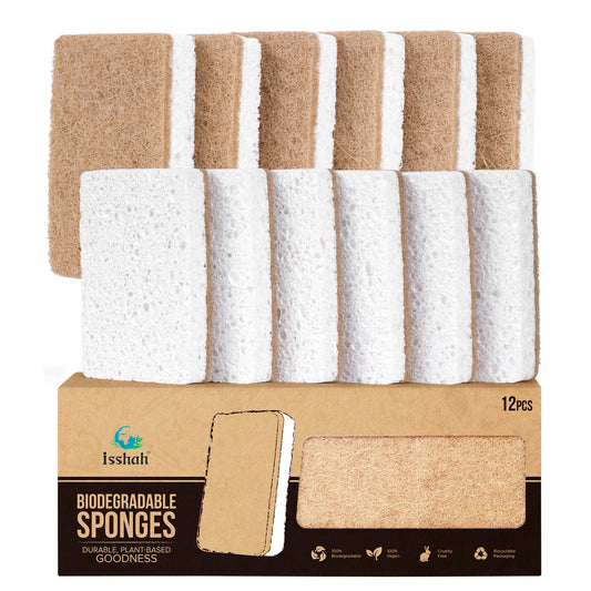 Isshah Plant-Based Kitchen Sponges - FSC Certified and PETA Approved, Natural, Eco-Friendly, Biodegradable Sisal Hemp Sponges for Dishes, Cleaning Sponge for Kitchen, Bathroom, Household - 12 Count