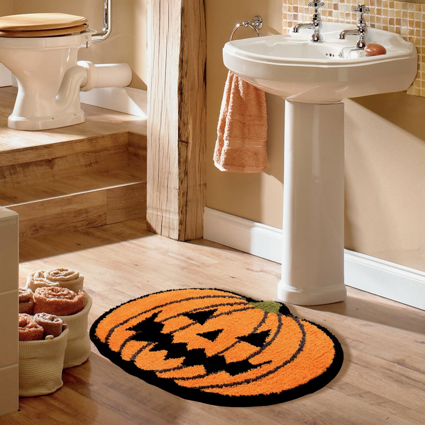 TRUEDAYS Halloween Decor Cute Orange Pumpkin Bath Mat for Bathroom, Pumpkins Halloween Decoration Orange Fun Bathroom Rug Non Slip Cartoon Bath Rug Bathroom Mat Plush Shower Rugs Washable