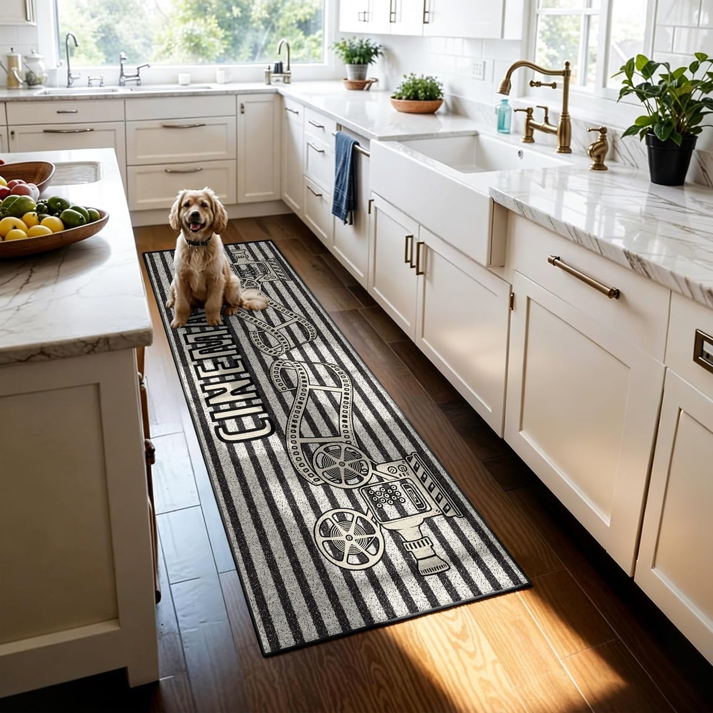 Movie Theme Area Rug, 1.3x7ft, Retro Movie Reel Vertical Black and White Striped Rug Runners for Hallways, Cozy Reduce Noise Film Lover Gift Decor Carpet for Living Room Kitchen