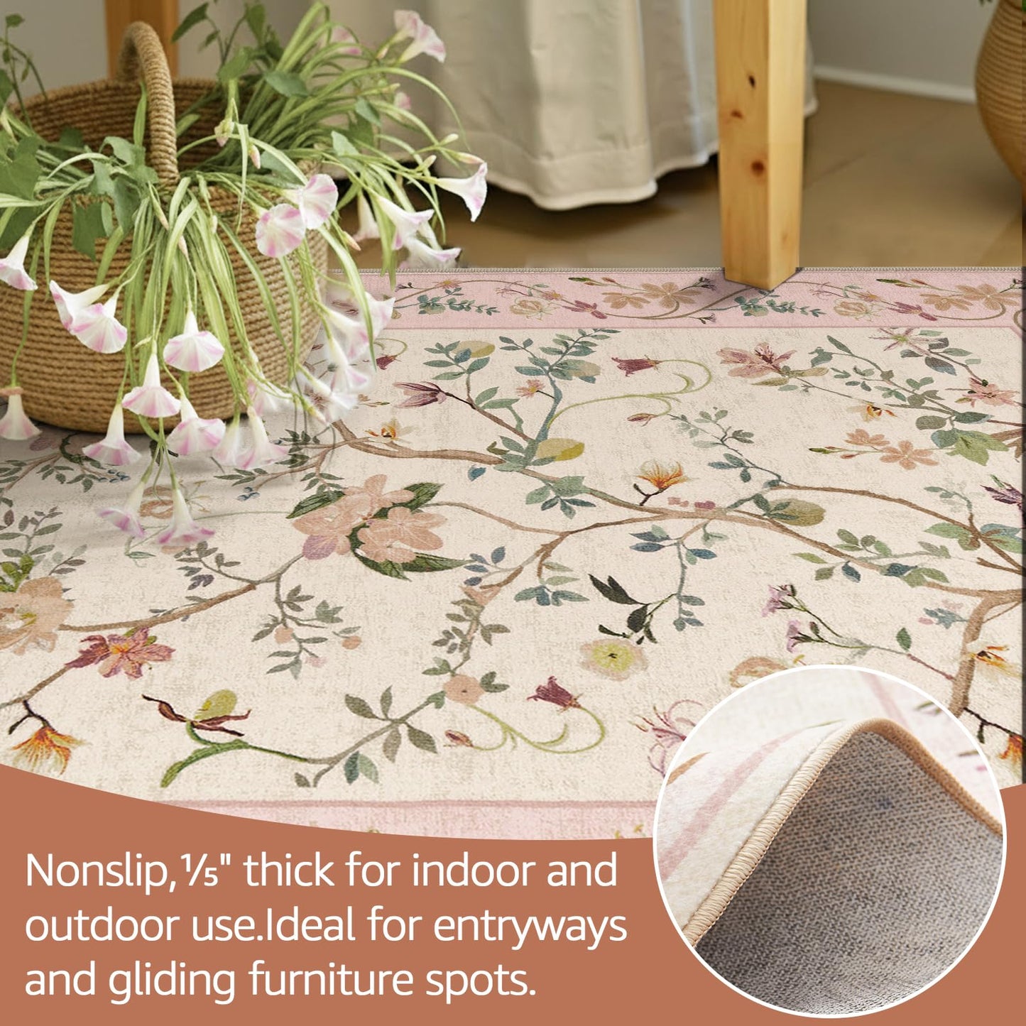 jinchan Floraison Floral Runner Rug 2x5 Machine Washable Kitchen Runner Non Slip Soft Low Pile Hallway Rug Boho Stain Resistant Carpet for Laundry Living Room Bedroom Pink