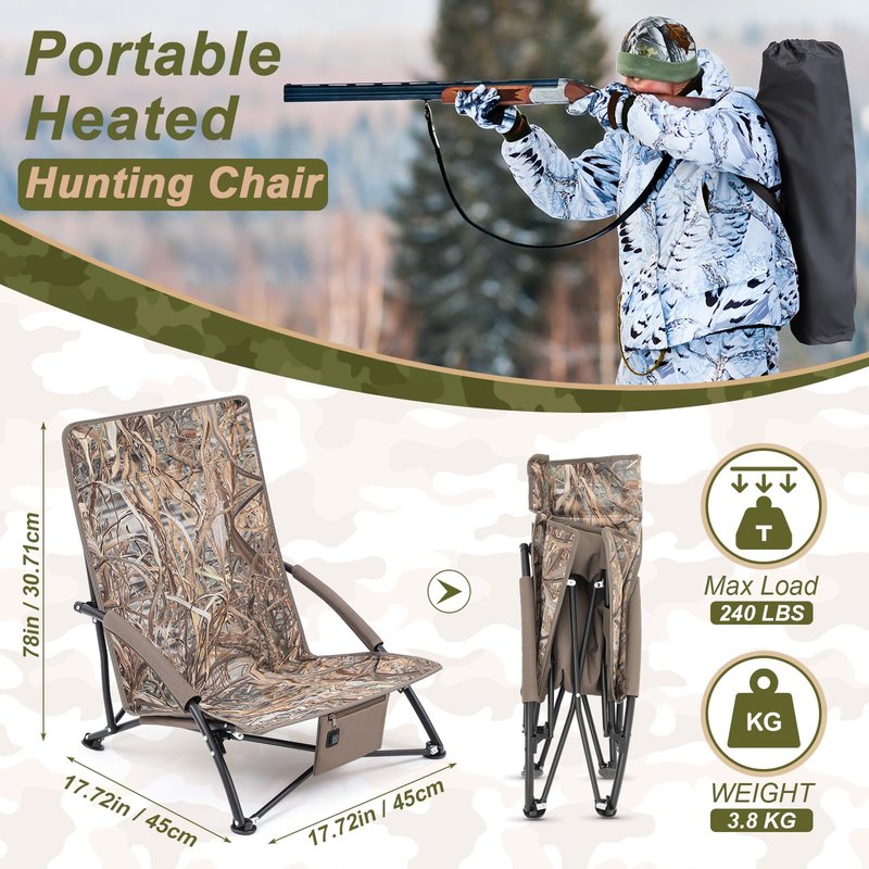 Teenyyou 1 Pack Heated Hunting Chair, Portable Low Down Hunting Seat Pad Cushion with Carry Bag, Adjustable 3 Mode Folding Chair for Turkey Blind Deer Ground Duck Fishing, No Power Bank (Brown)