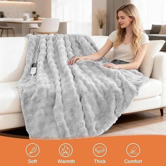Heated Blanket Electric Throw Blanket 72''X 84''-Heating Blanket with 6 Heat Settings-10 Hours Auto Off,Cozy Faux Rabbit Fur Bubble Electric Blanket,Light Gray