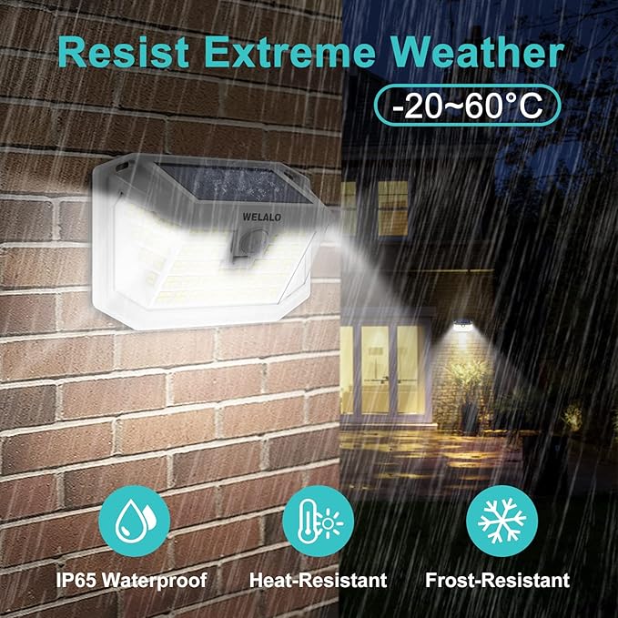 WELALO Solar Motion Sensor Lights Outdoor, [3 Modes/4 Pack/188 LED] 270° Wide Angle Lighting, Security Solar Powered Wall Lights, IP65 Waterproof Flood Lights for Fence Porch Yard Patio(White)