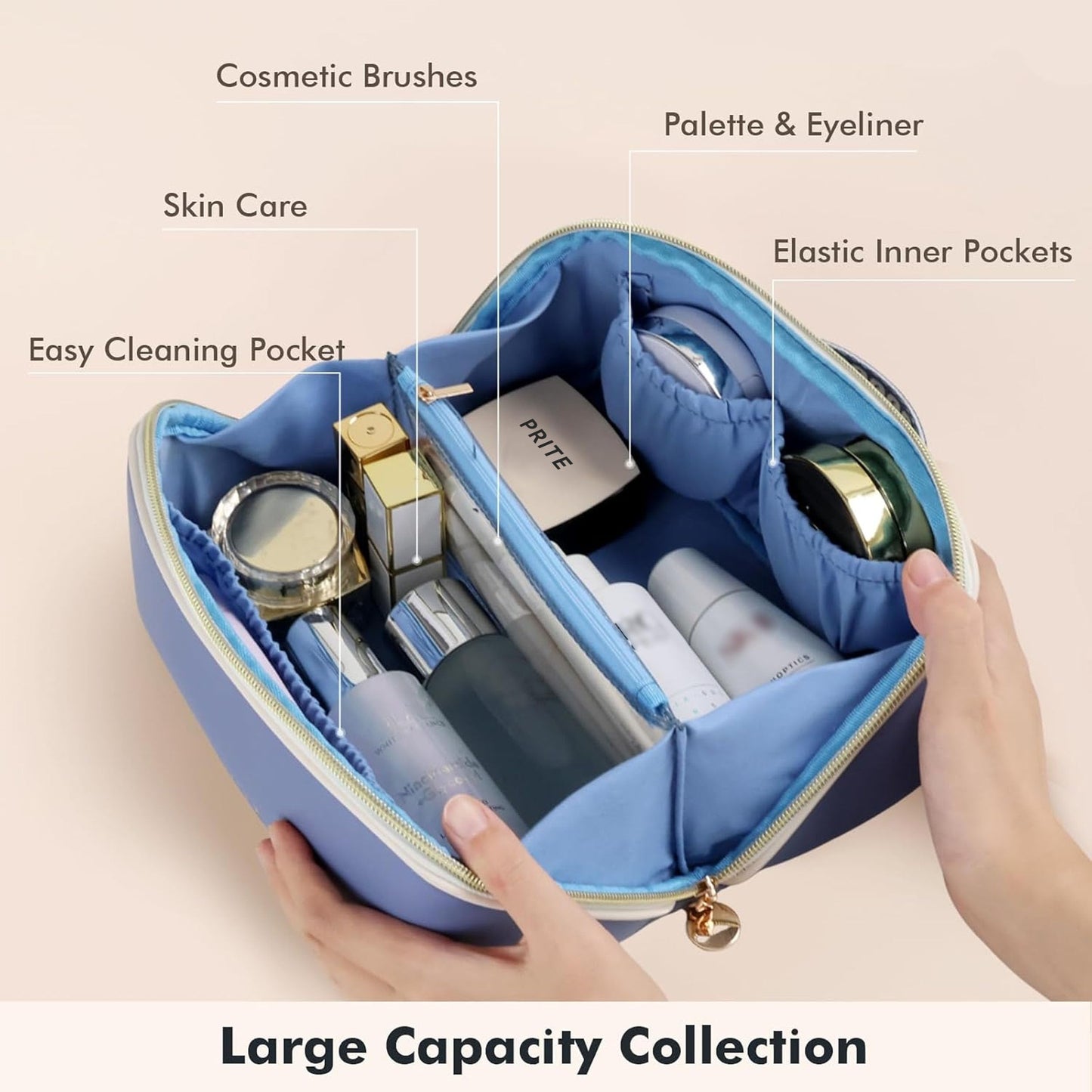 Prite Large Capacity Makeup Bag Portable Travel Cosmetic Bag Waterproof Toiletry Case with Clear Divider and Handle (Blue)