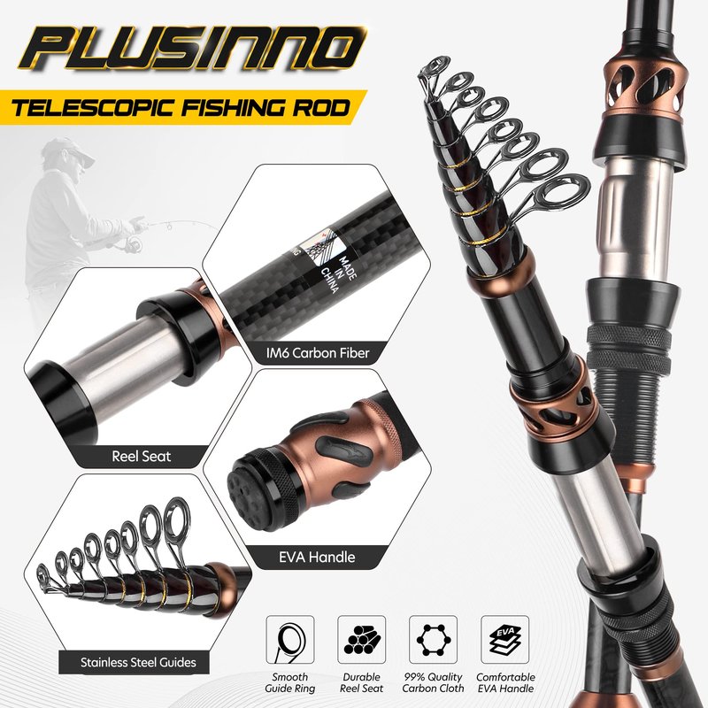 PLUSINNO Fishing Rod and Reel Combos, Toray 24-Ton Carbon Matrix Telescopic Fishing Rod, 12 +1 Shielded Bearings Stainless Steel BB Spinning Reel