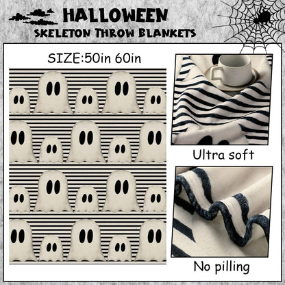 FuWeave Halloween Throw Blanket Cute Rustic Ghost Flannel Blanket Farmhouse Spooky Blanket Soft Black White Striped Blanket Retro Halloween Decoration for Sofa Bed Holiday Party Gifts,50 x60