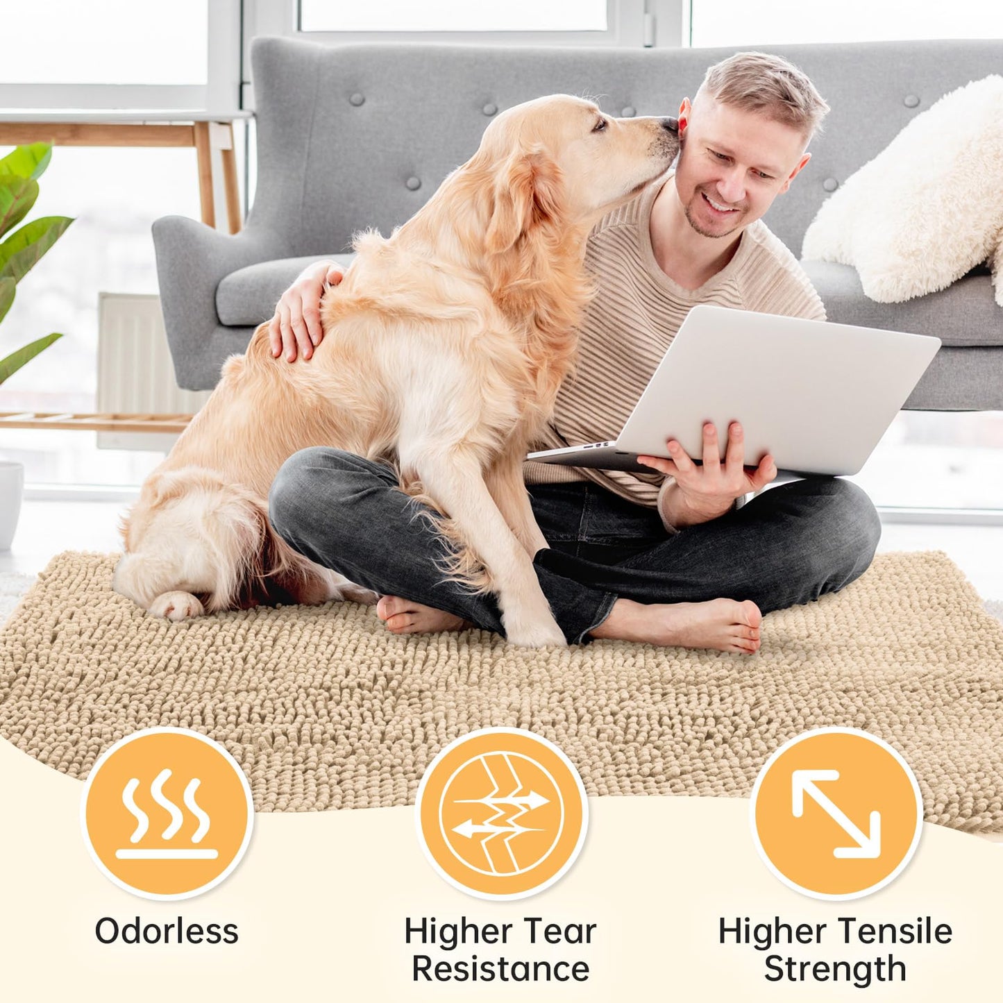 HOMEK Absorbent Dog Door Mat for Muddy Paws, 60" x 36" Chenille Indoor Mats for Entryway, Trap Dirt Front Door Mat Indoor Entrance Washable Non Slip Soft Beige