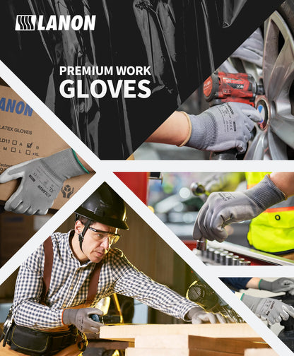 LANON 12 Pairs Grey Safety Work Gloves, PU Coated, Multipurpose Working Gloves for Men, Seamless Knit, Power Grip, EN 388, M/8