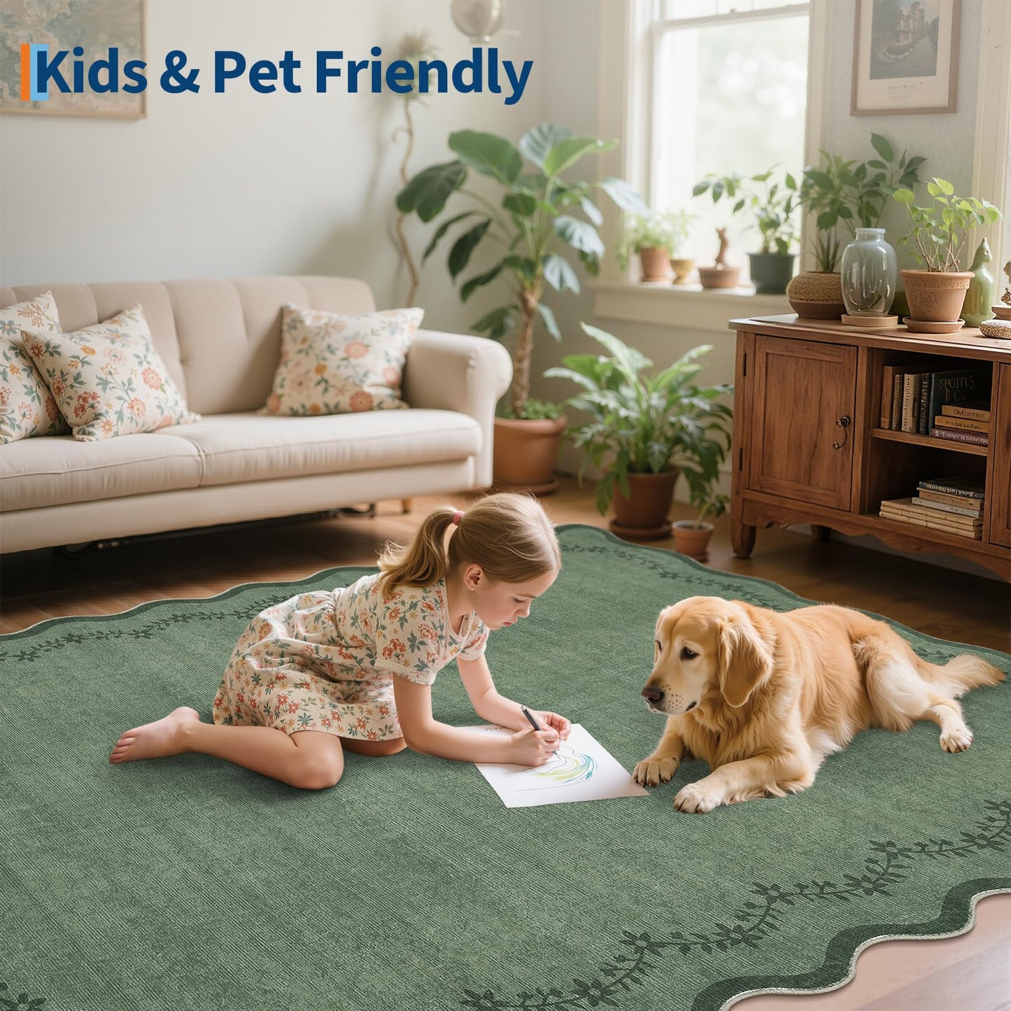 GarveeHome 4x6 Green Scalloped Washable Area Rug for Nursery Room, Solid Floral Soft Nursery Rug Non Slip Low Pile Small Carpet Stain Resistant Throw Rug for Dorm Kids Room Office Dining Room