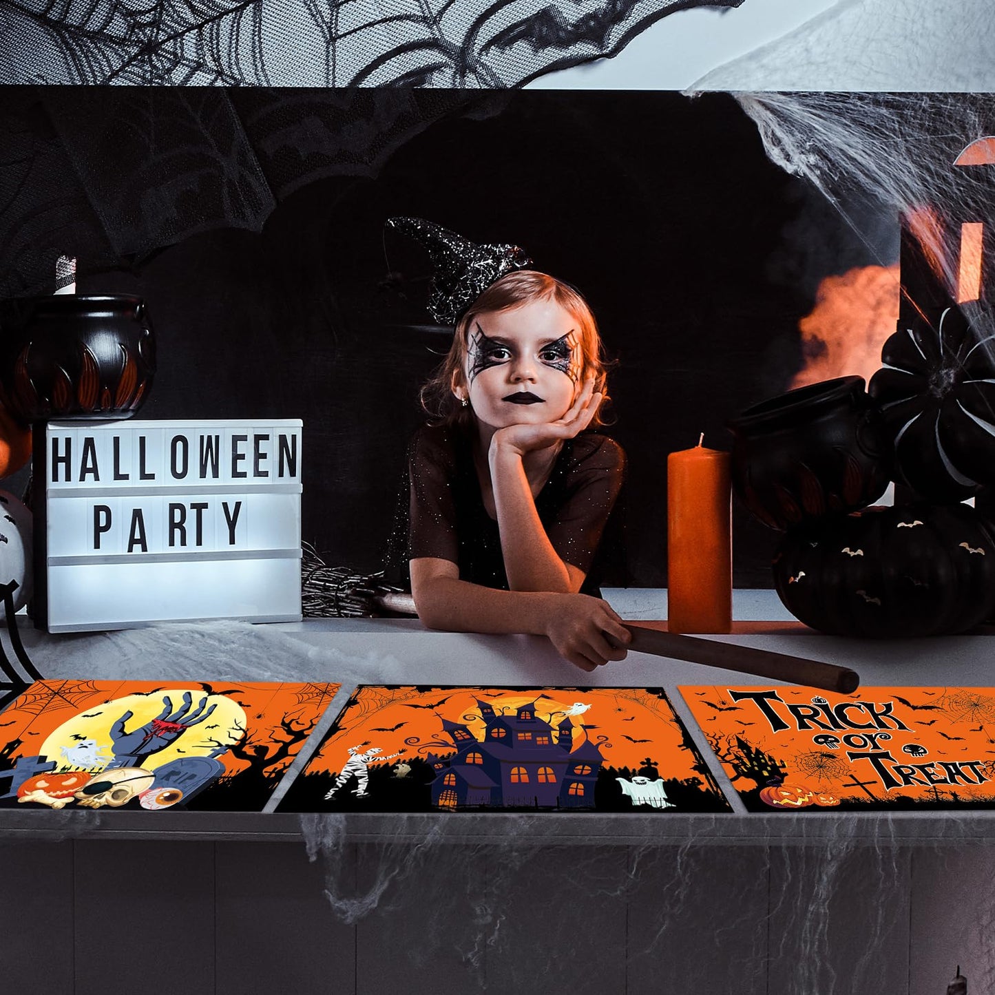 Plastic Placemats Set of 6 Halloween Table Mats - Trick or Treat Kitchen Decor - Wipe Clean, Washable, Recyclable - Orange Place Mats for Indoor/Outdoor - Heat Resistant - Kitchen/Dining Table