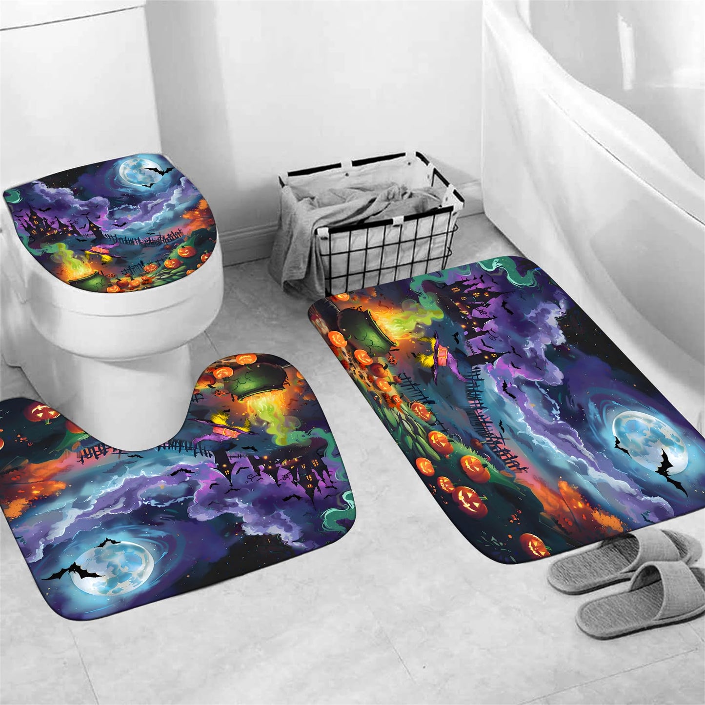 AZHM Halloween Shower Curtain Set, Enchanted Witch Themed Bathroom Decor, Scary Pumpkin Ambiance Bathroom Shower Curtain with Rugs