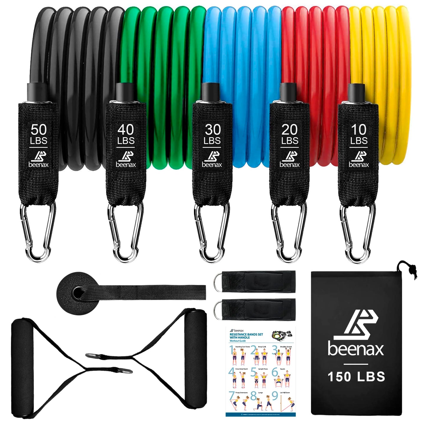 Beenax Resistance Bands Set with Handles - Heavy Duty 12pcs Exercise Bands, Up to 100/150/200/250 LBS - Fitness Training Tubes for Home, Gym, Physio - Handles, Ankle Straps, Door Anchor, Carry Bag